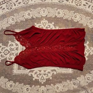 Y2K Vizio Vintage Red Ruched Stretch Cami With Lace & Rhinestones